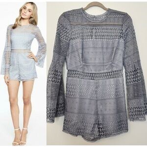 Revolve Bardot Kristy Lace Playsuit Romper Dusty Blue Gray Bell Sleeves Sz XS 4